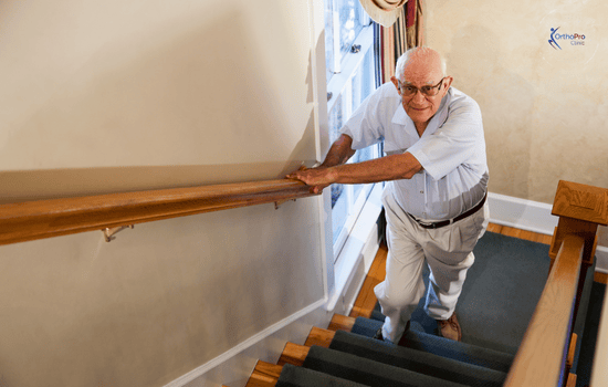 Recovery and Rehabilitation total hip replacement surgery person climbing stairs